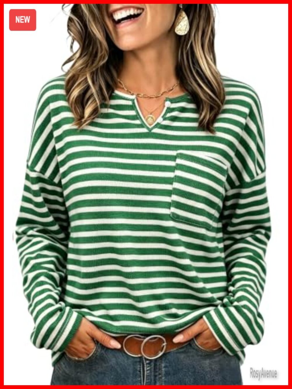 Waffle Knit Tunic Top Relaxed V-Neck Button Contrast Stitch Women